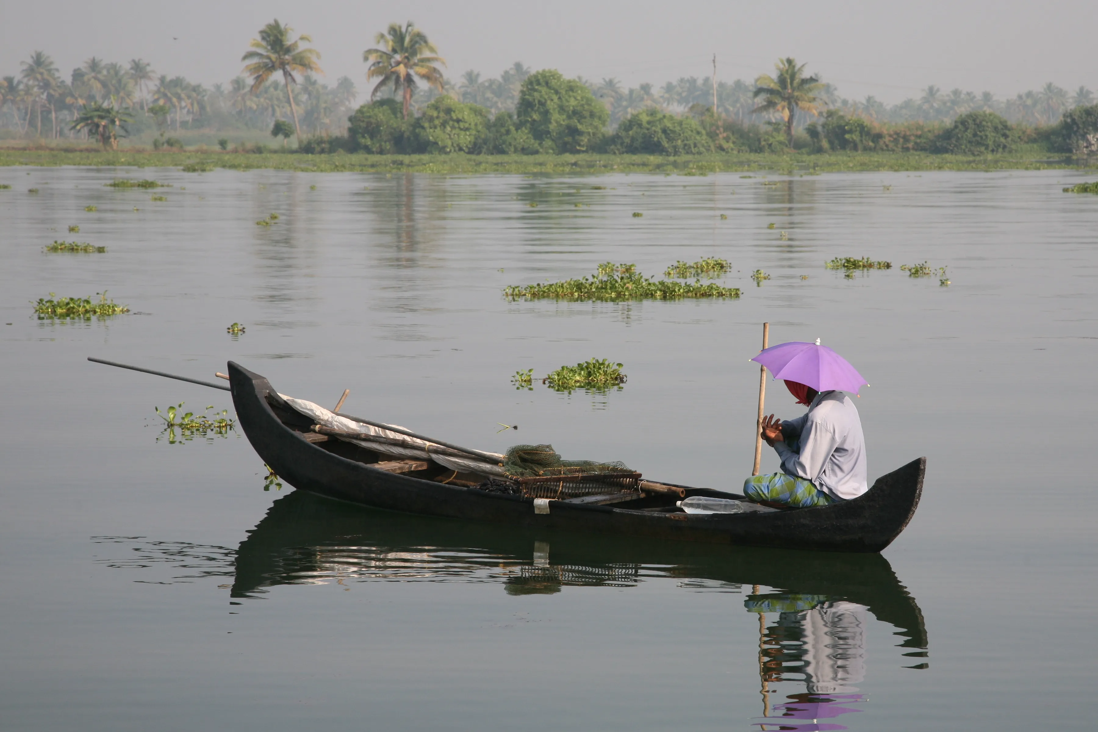 Traditional Kerala kettuvallam houseboat cruising the Alleppey backwaters past coconut palms